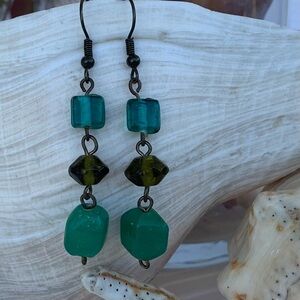 Earrings tiered fishhook teal, olive green beads Handcrafted bohemian aesthetic